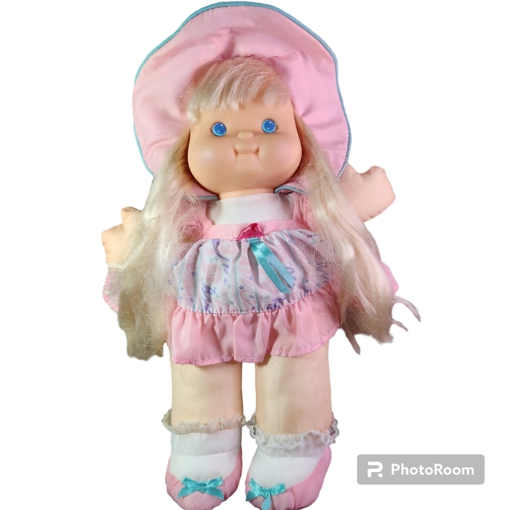 Vintage 1992 Fisher Price Puffalump Kids Pink Soft Doll Dress Blonde Baby